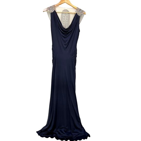 Reem Acra Beaded Embellished Mesh Back Gown Navy Blue Size 4 - Picture 2 of 13
